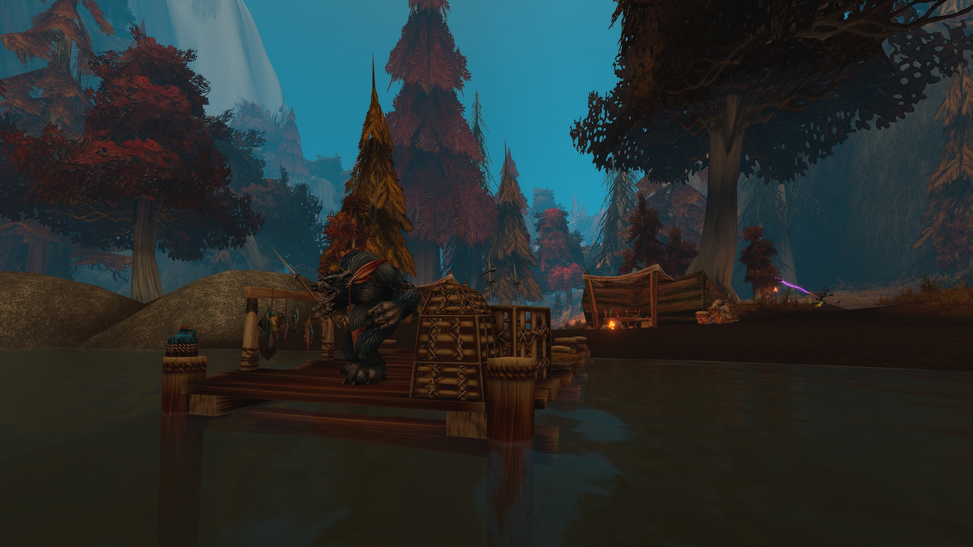 A furbolg on a dock beneath autumn trees.