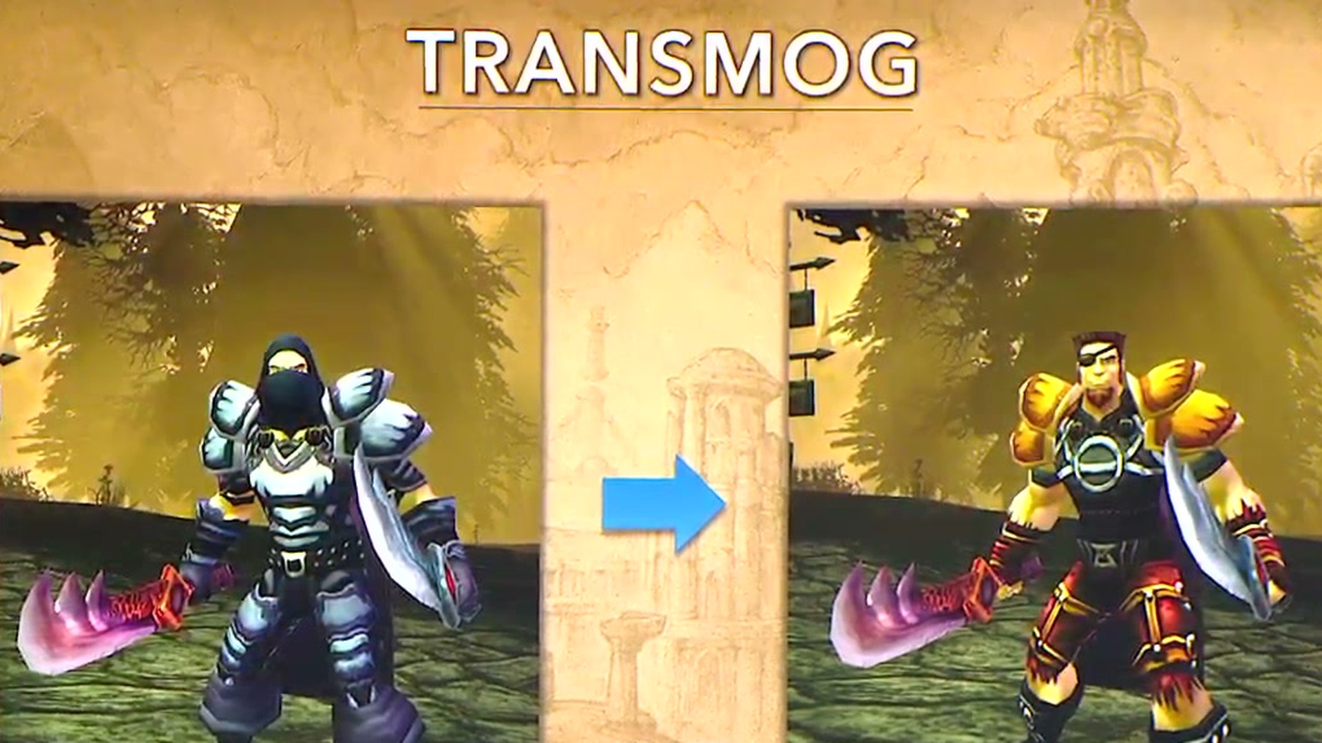 Blizzard’s transmog preview shows the same character with two armour appearances. Displaying transmog is optional.