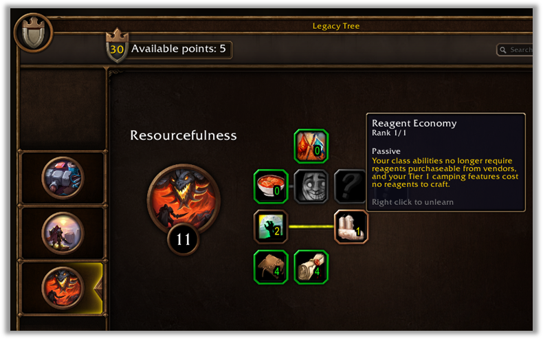 Resourcefulness Legacy tree featuring Reagent Economy. BlizzCon preview; points and interface are not final.