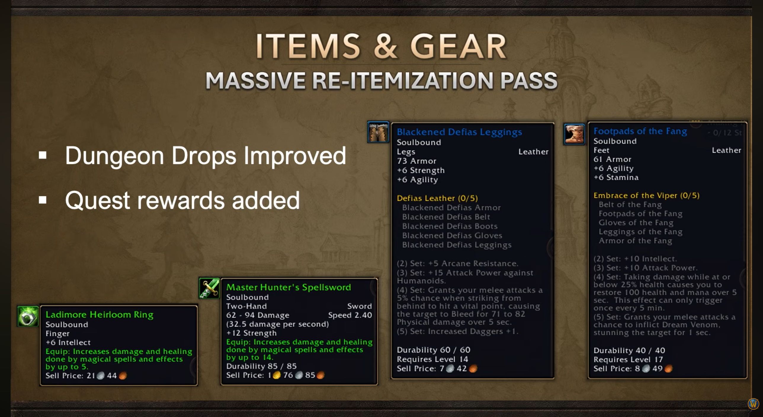 New quest rewards and reworked dungeon equipment: Ladimore Heirloom Ring, Master Hunter’s Spellsword and two set previews. Values may change.