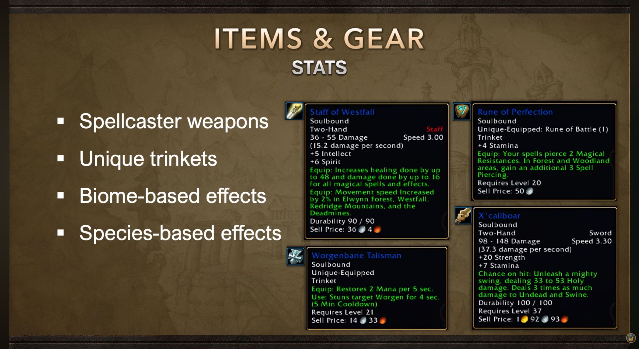 BlizzCon preview: Staff of Westfall, Rune of Perfection, Worgenbane Talisman and X’caliboar. Displayed values are not final.